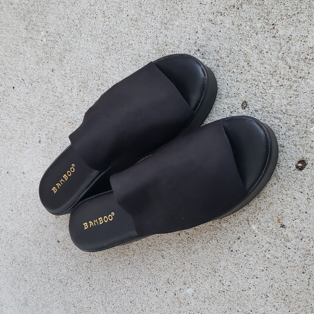 Bamboo Black Knit Stretch Platform Chunky Slip On Sandals Size 8.5 Y2K Grunge